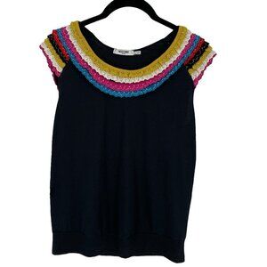 Moschino Multi-Color Ruffle Trimmed Short Sleeve Black Tee Top Women's US10